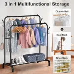 Metal Clothes Rack Heavy Metal Double Clothes Rail Hanging Rack Garment Display Stand Storage Shelf Rolling Closet Organizer - Imagine 3