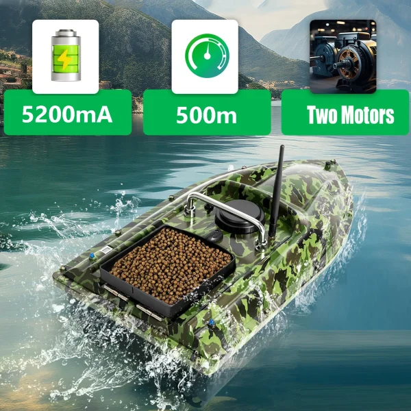500M Green Bait Boat with Built-in Battery 5200mA, 220V, Large Capacity, Remote Cruise Control, LED Lights Night Fishing in Sea