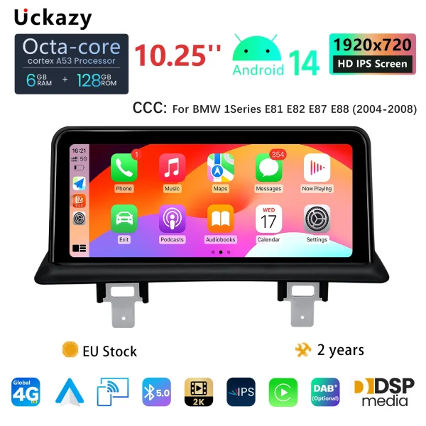 10.25”Carplay Android 14 Car Audio Multimedia For BMW 1 Series 120i E81 E82 E87 E88 CCC CIC Radio Screen Head unit Stereo Navi