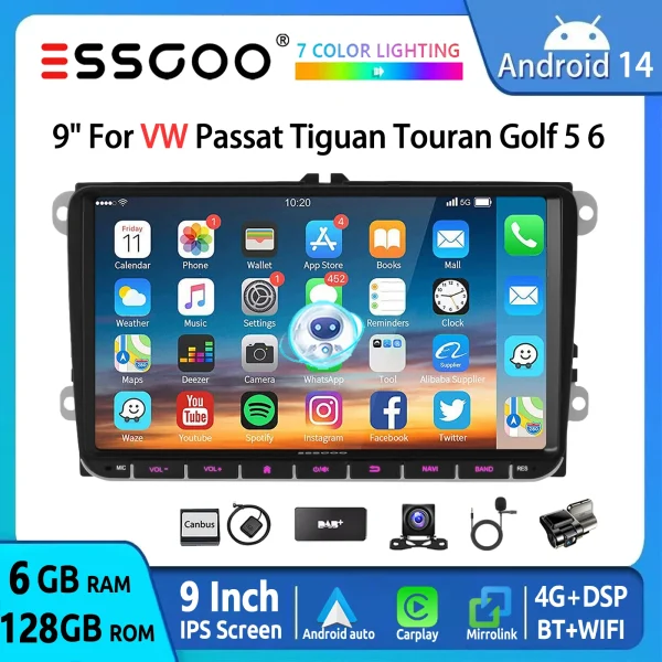 ESSGOO 9" 128G Android 14 4G For VW GOLF 5 6 Touran Caddy Polo Jetta EOS Car Radio GPS Navi Carplay Android Auto BT WIFI AM DSP