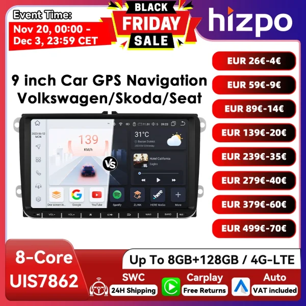 Hizpo 9inch CarPlay Android Auto Car Radio for VW Volkswagen Golf Passat B6 B7 Skoda Seat Octavia Polo Tiguan RDS DSP GPS BT 4G