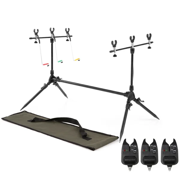 Lixada Fishing Rod Pod Stand Adjustable Retractable Carp Holder Fishing Pole Pod Stand with 3 Bite Alarms and Swingers Indicator