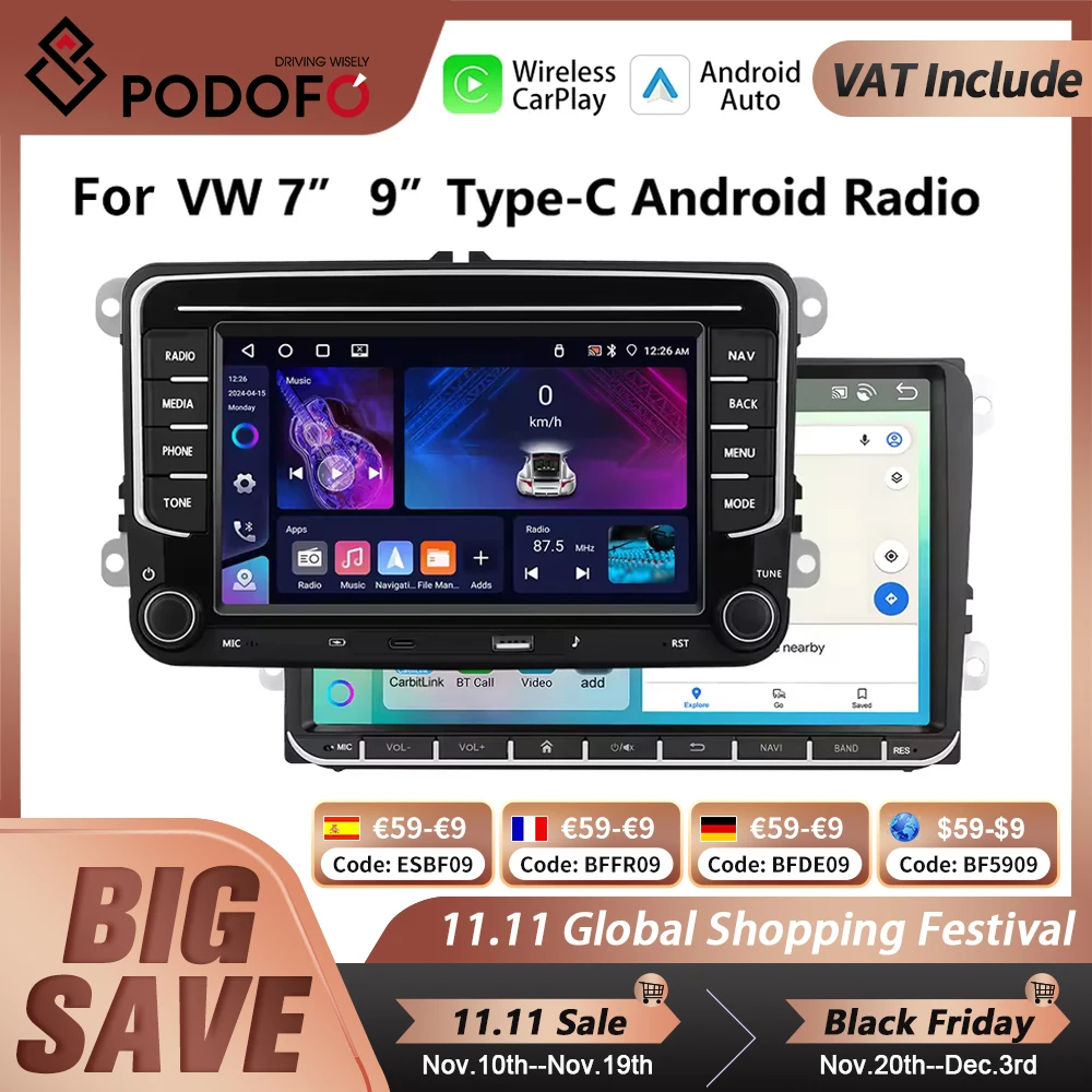 kf-S43494c4d8ae64dd5b74085fa77d6435f0 Podofo 7 "9" CarPlay Android Car Radio For Volkswagen VW Golf Passat JETTA Skoda SEAT Car Intelligent System 2din GPS Car Radio - Imagine 1
