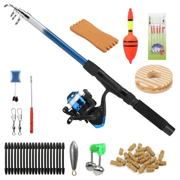 Fishing Rod and Reel Combo Full Kit 1.8m Telescopic Fishing Rod Pole and Spinning Reel Set with Lures Swivels Bell Float Hair