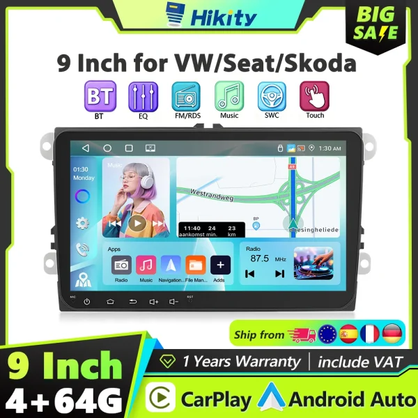 Hikity 2DIN Carplay Car Radio for VW SAGITAR JETTA/Seat Altea abMAGOTAN/MAGOTAN V6 Android Auto FM/RDS GPS Car Audio Double USB