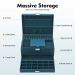 3-Tier Dark Green Jewelry Box Organizer with 15 Ring Slots 10 Earring Hooks 18 Stud Holes Drawers for Necklace Bracelet Watch - Imagine 2