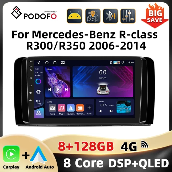 Podofo 9 ''8 + 128G Car Radio For Mercedes-Benz R-class R300/R350 2006-2014 Multimedia Player Android Auto Carplay WIFI Car Audio