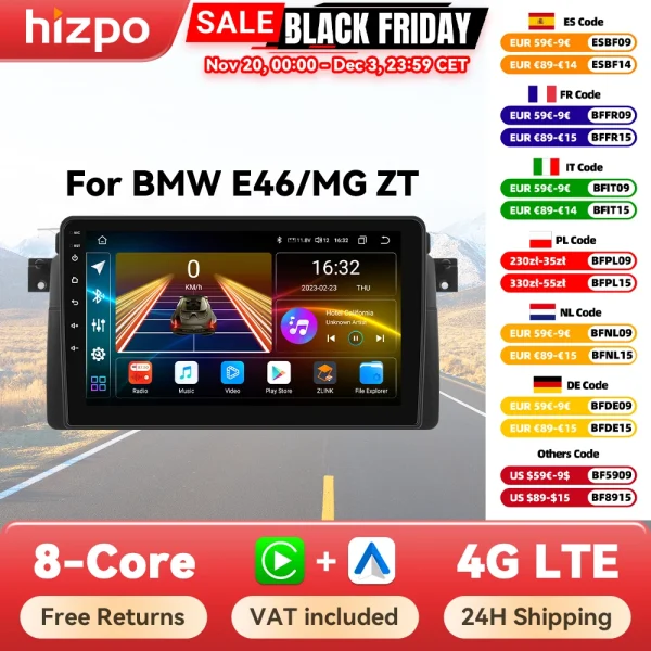 Hizpo Android Auto Car Multimedia Radio For BMW E46 M3 318/320/325/330/335 4G CarPlay GPS 2din Autoradio Navigation Wifi DSP RDS