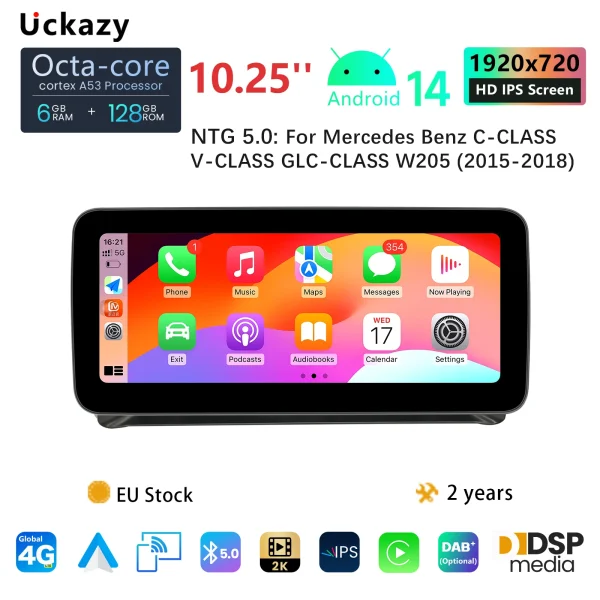 10.25"Wireless Carplay Android 14 Car Radio For Mercedes W204 W205 X256 2007-2010 Screen Multimedia GPS Stereo Audio Head unit