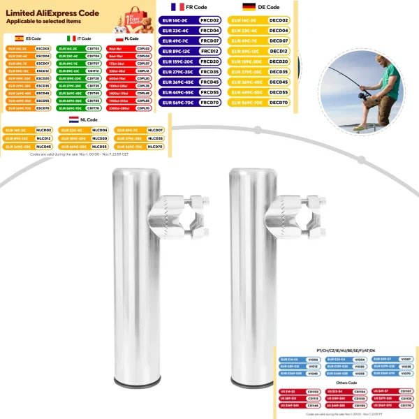 2pcs Stainless Steel Fishing Rod Holders for Fishing Boats For rails from 19 mm (3/4 ") to 25 mm (1") dia.