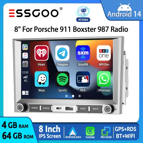 ESSGOO 8" 64G Android 14 CarPlay Car Stereo Radio For Porsche 911 Cayman Boxster 987 05-08 GPS NAVI WIFI AI Voice FM BT RDS SWC