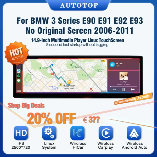 AUTOTOP 14.9 inch 2560*720P 1G+2G car radio for BMW E90 E91 E92 E93 2005-2012 No original screen,wireless carplay android auto