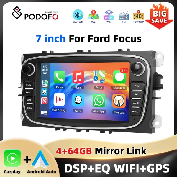 Podofo 4+64G 2Din Car Radio For Ford Focus Mondeo C-MAX S-MAX Galaxy II Kuga Navigation GPS Carplay Android Auto WIFI Car Audio