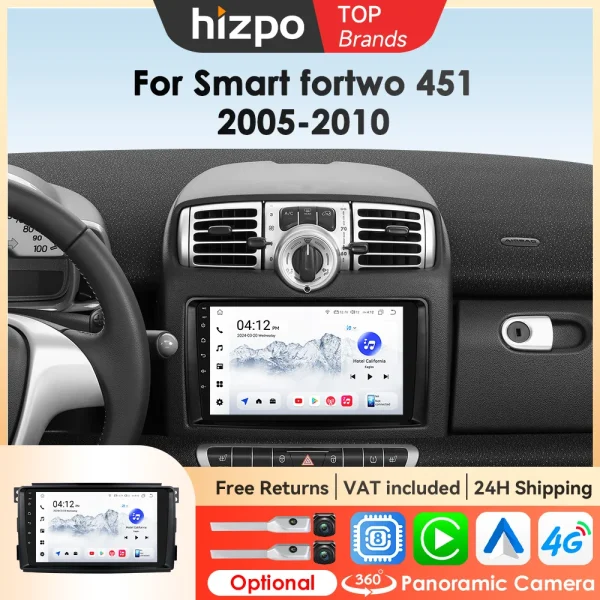 Hizpo Car Intelligent Systems For Merced Benz Smart Fortwo 451 2005-2010 Stereo for Apple CarPlay Multimedia GPS RDS 4G 2din BT