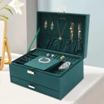 3-Tier Dark Green Jewelry Box Organizer with 15 Ring Slots 10 Earring Hooks 18 Stud Holes Drawers for Necklace Bracelet Watch - Imagine 4