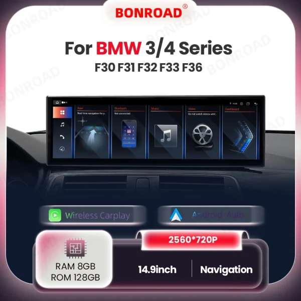 BONROAD 14.9 "Android Car Multimedia Wireless Carplay For BMW 3/4 Series F30 F31 F32 F33 F36 With 2560*720 Display Touch Screen