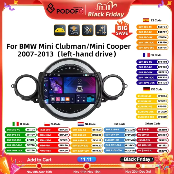 Podofo 2Din 8+128G Car Radio For BMW Mini Clubman/Mini Cooper 2007-2013 Navigation WIFI Carplay Android Auto RDS AI Voice DSP FM