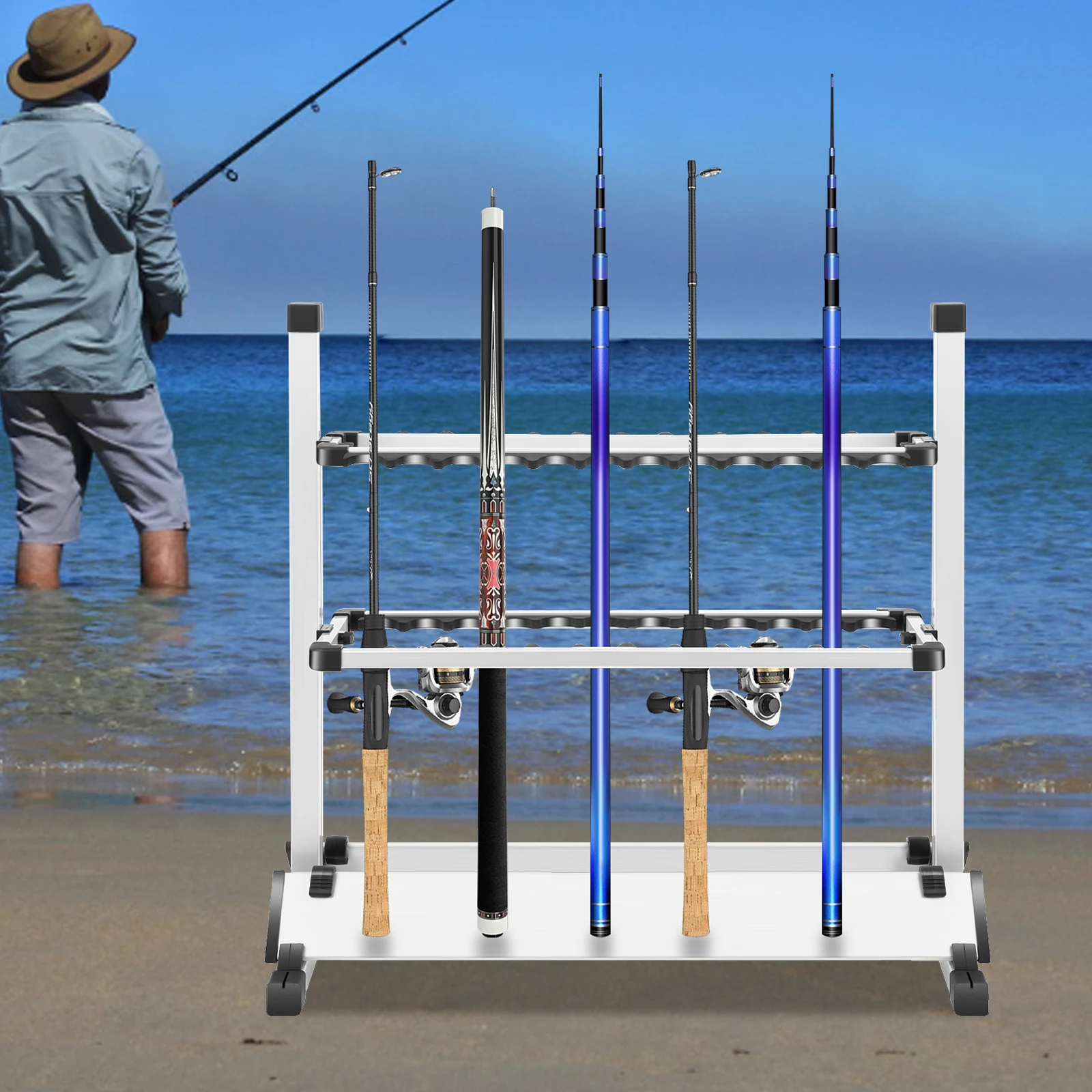 kf-Sf507631fe2314ec882508a96b0af30aaa 24 Rods Portable Fishing Rod Stand Strong Aluminum Alloy Rod Holder Fishing Rods Pole Rack Organizer - Imagine 1