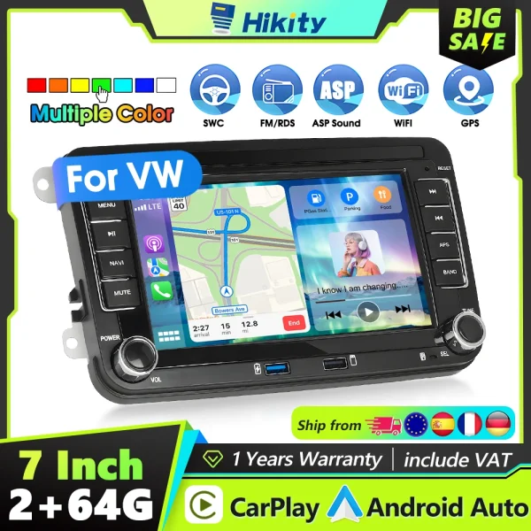 Hikity Android 2+64 Car Stereo 7'' Capacitive Screen Carplay Android Auto GPS Multimedia Screen Video Player For VW, Seat, Skoda