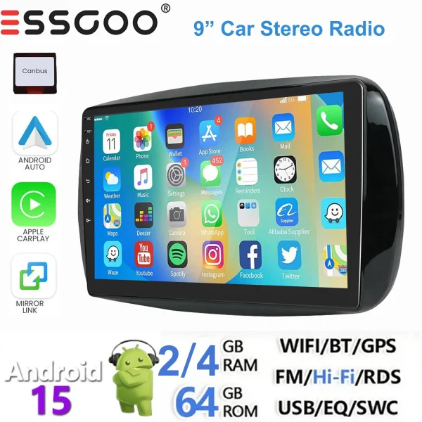 ESSGOO For Mercedes benz Smart Fortwo Forfour 453 2014-2019 Android 15 9" Car Stereo GPS NAVI WIFI Bluetooth SWC FM RDS Carplay