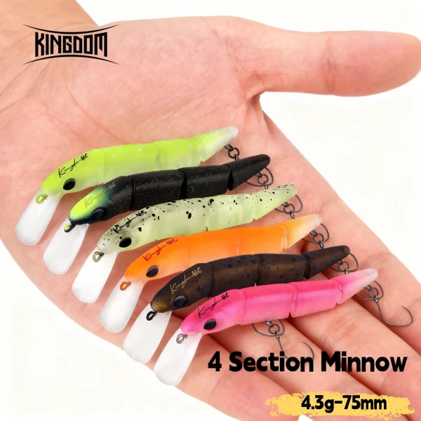 Kingdom Jointed Fishing Lure 70mm 4.3g Sinking 4-Section Minnow Lure Single Hook Hard Wobber Freshwater Bass Artificial Bait